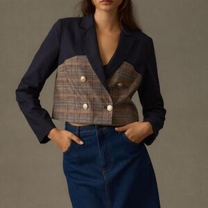 Dolan Anthropologie Crop Blazer Women's Plaid and Navy Blue Sport Coat Size 2XS